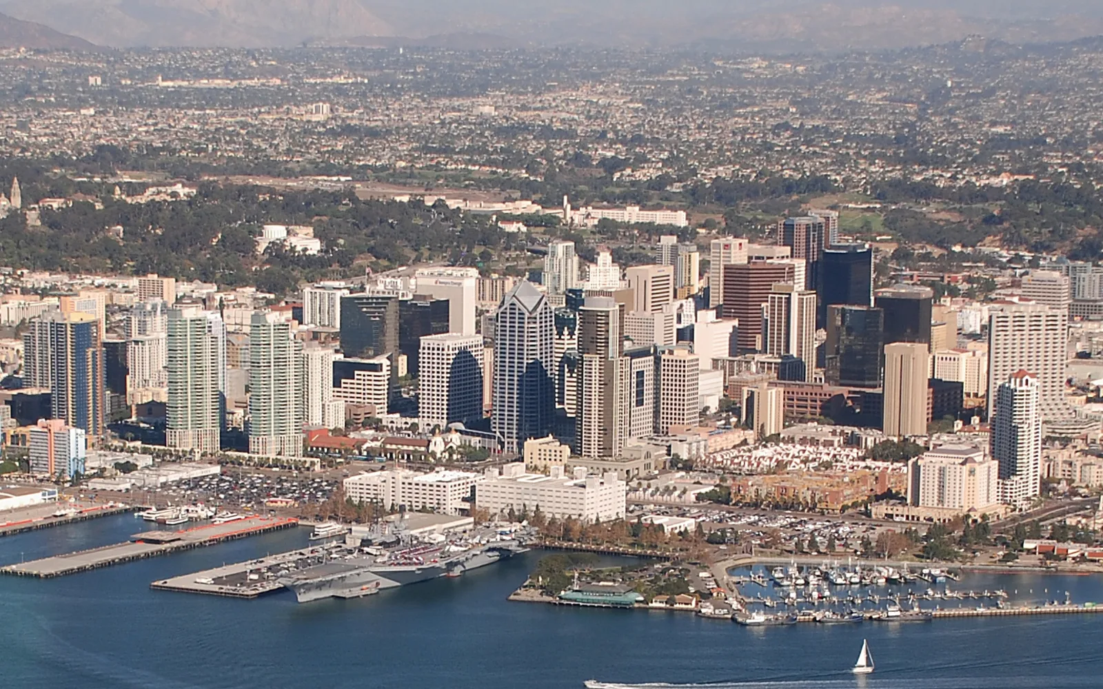 Aerial view of downtown San Diego and regional development showing North County San Diego growth